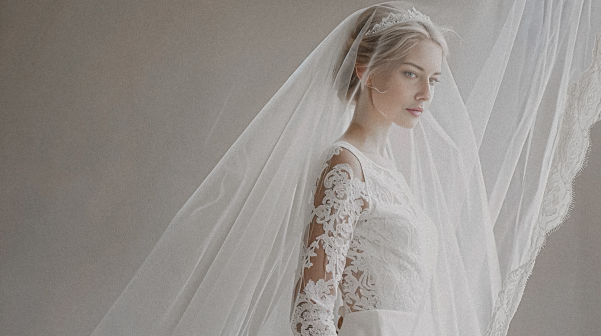 Bride in a beautiful lace dress with flowing veil