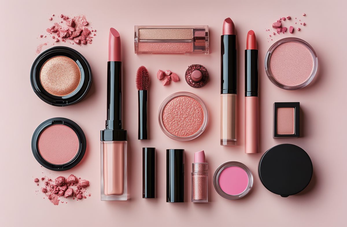 Pink cosmetics and makeup products arranged in a flat lay
