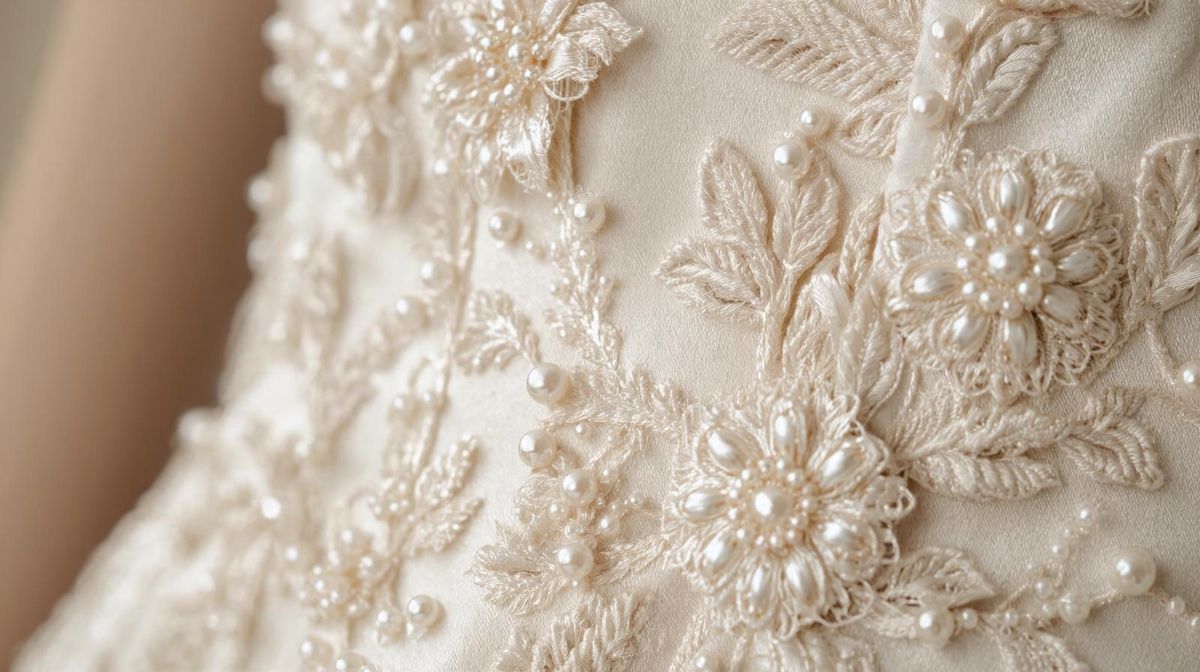 Close-up of intricate lace and pearl embroidery on a wedding dress