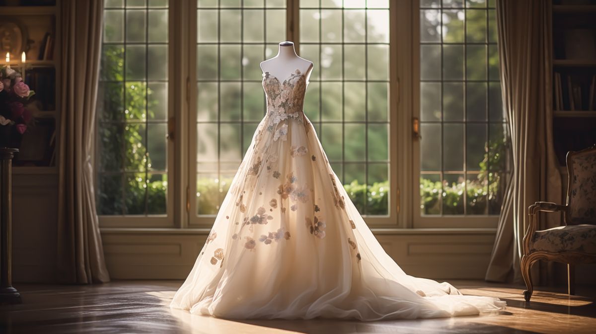 Beautiful wedding dress displayed on a mannequin