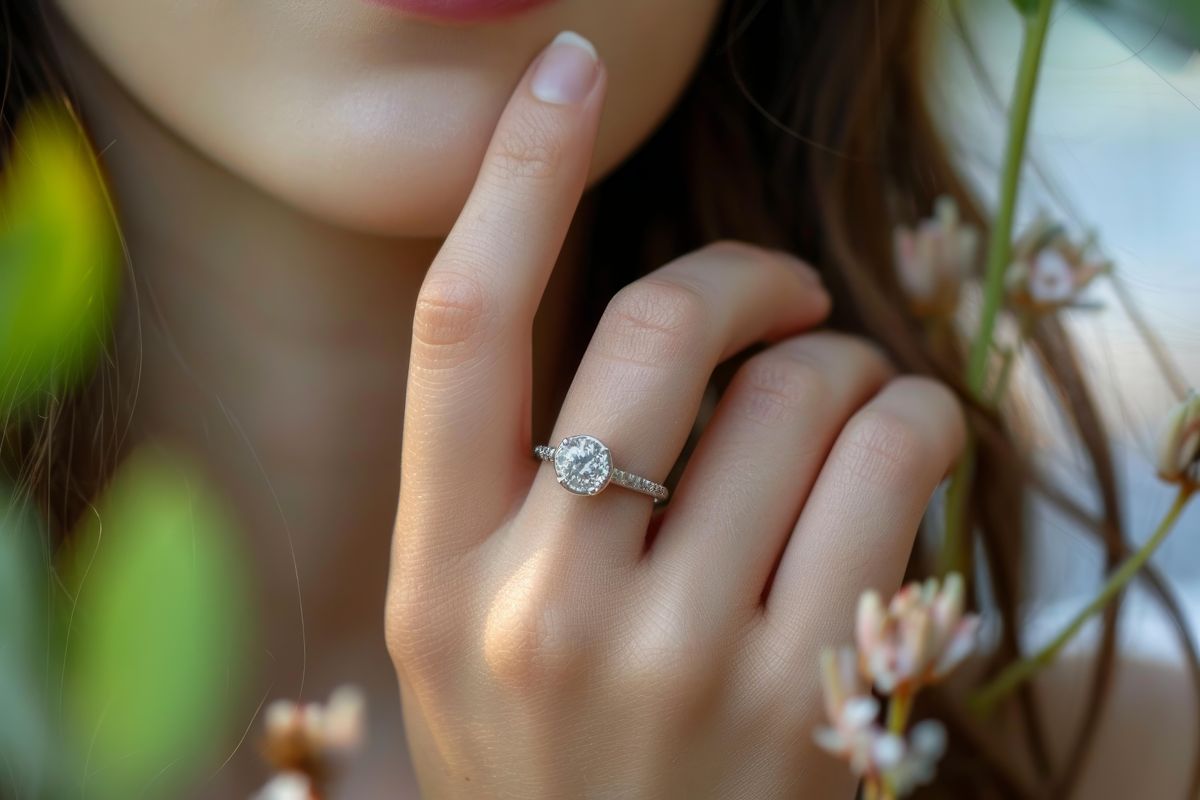 Close-up of an engagement ring on a hand