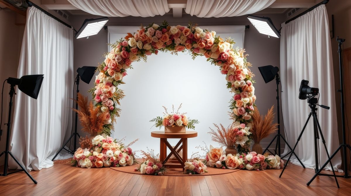 Floral arch setup in a bridal salon