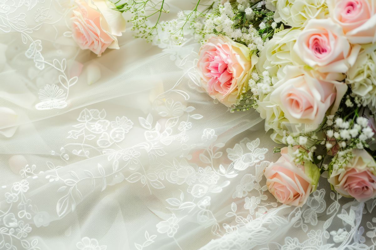 Delicate lace fabric with pink and white roses