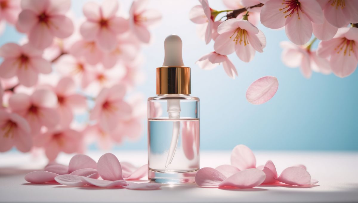 Beauty serum bottle with delicate cherry blossoms