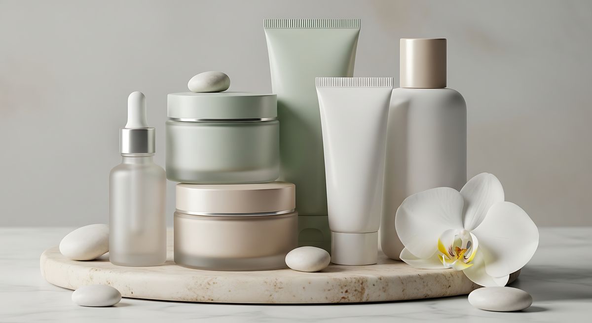 Elegant skincare products arranged on a marble surface