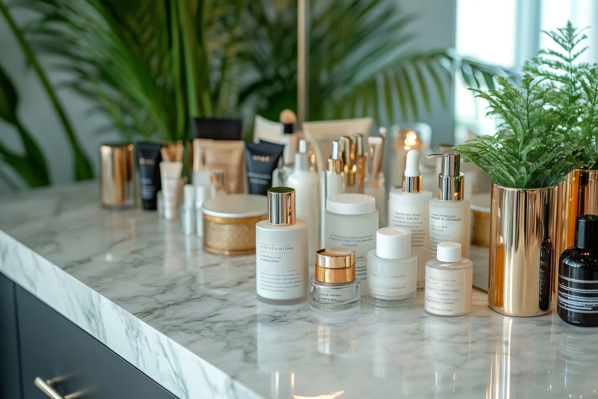 Skincare products displayed on marble counter