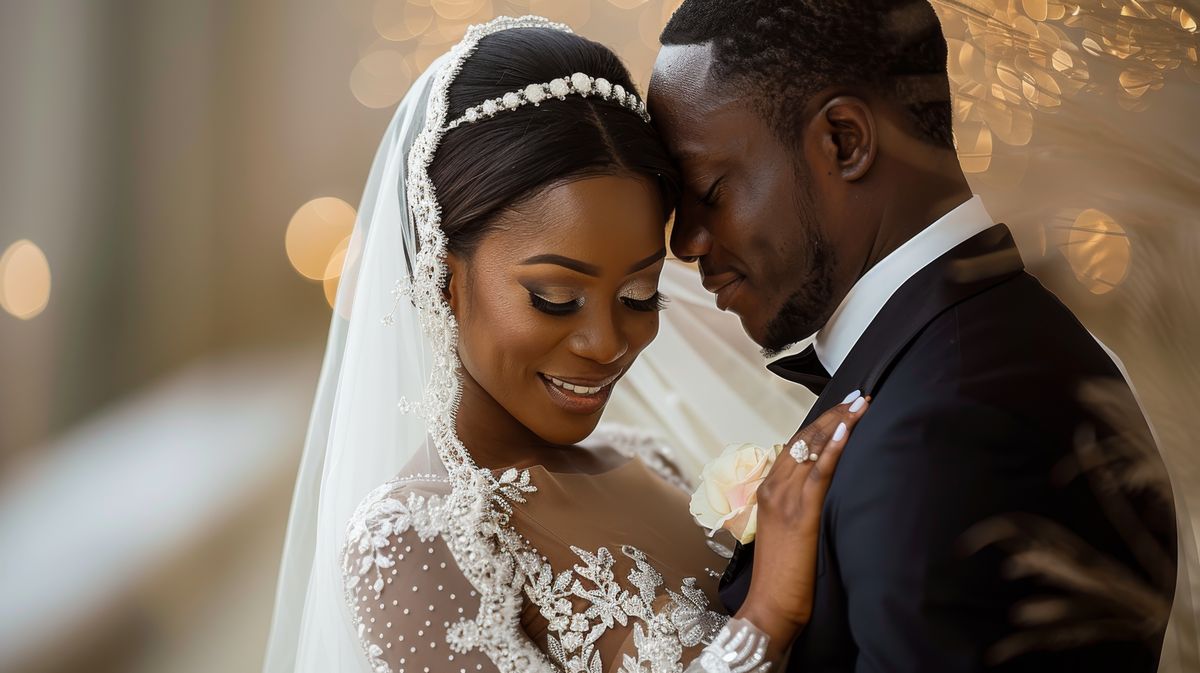 Elegant couple sharing a tender moment on their wedding day