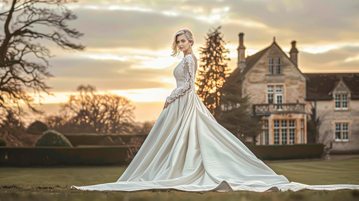 Bride in a stunning ballgown at a country estate at sunset